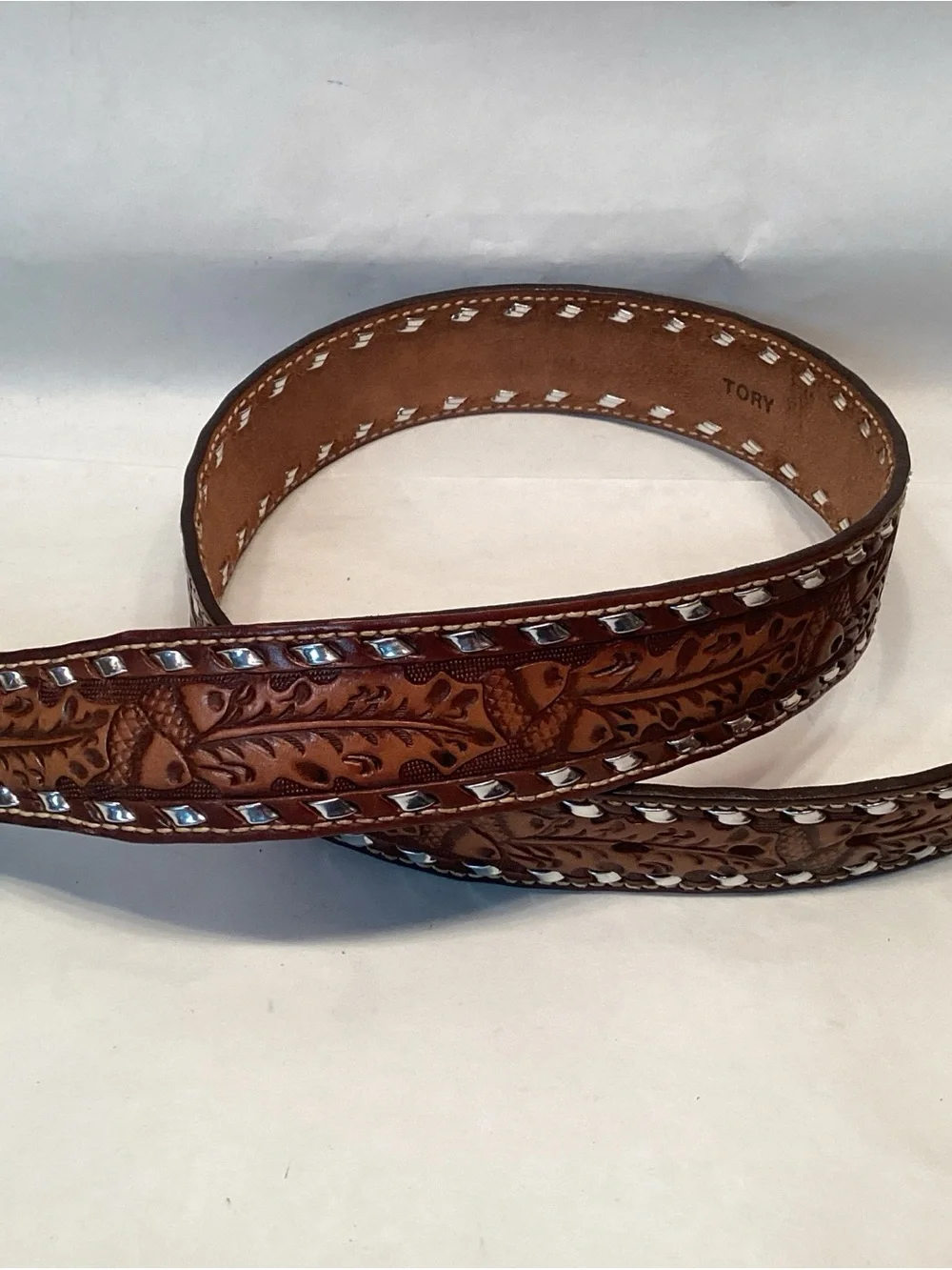 Vintage Tooled Belt Acorns Cowhide Leather 32 Brown Silver TaperedCowboy Western